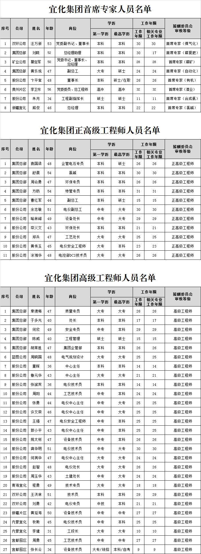 宜化集團首席專家、正高級工程師、高級工程師評審結(jié)果公示